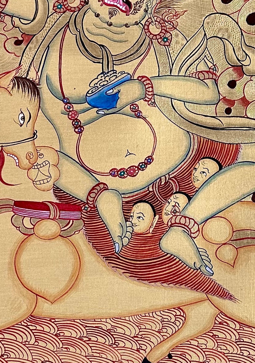 Palden Lhamo thangka, 60×83 cm: Palden Lhamo riding a mule through flames, in fine line work on a gold-coloured ground