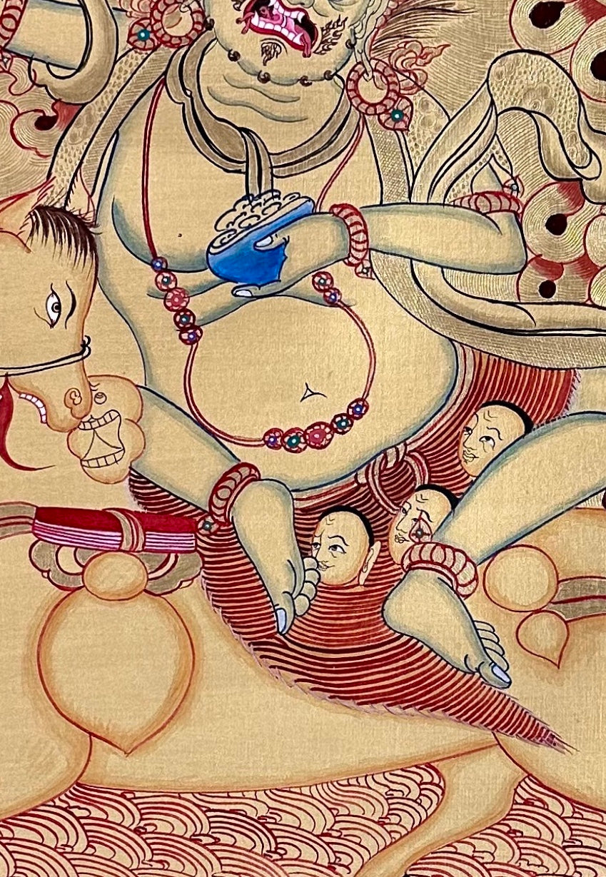 Palden Lhamo thangka, 60×83 cm: Palden Lhamo riding a mule through flames, in fine line work on a gold-coloured ground