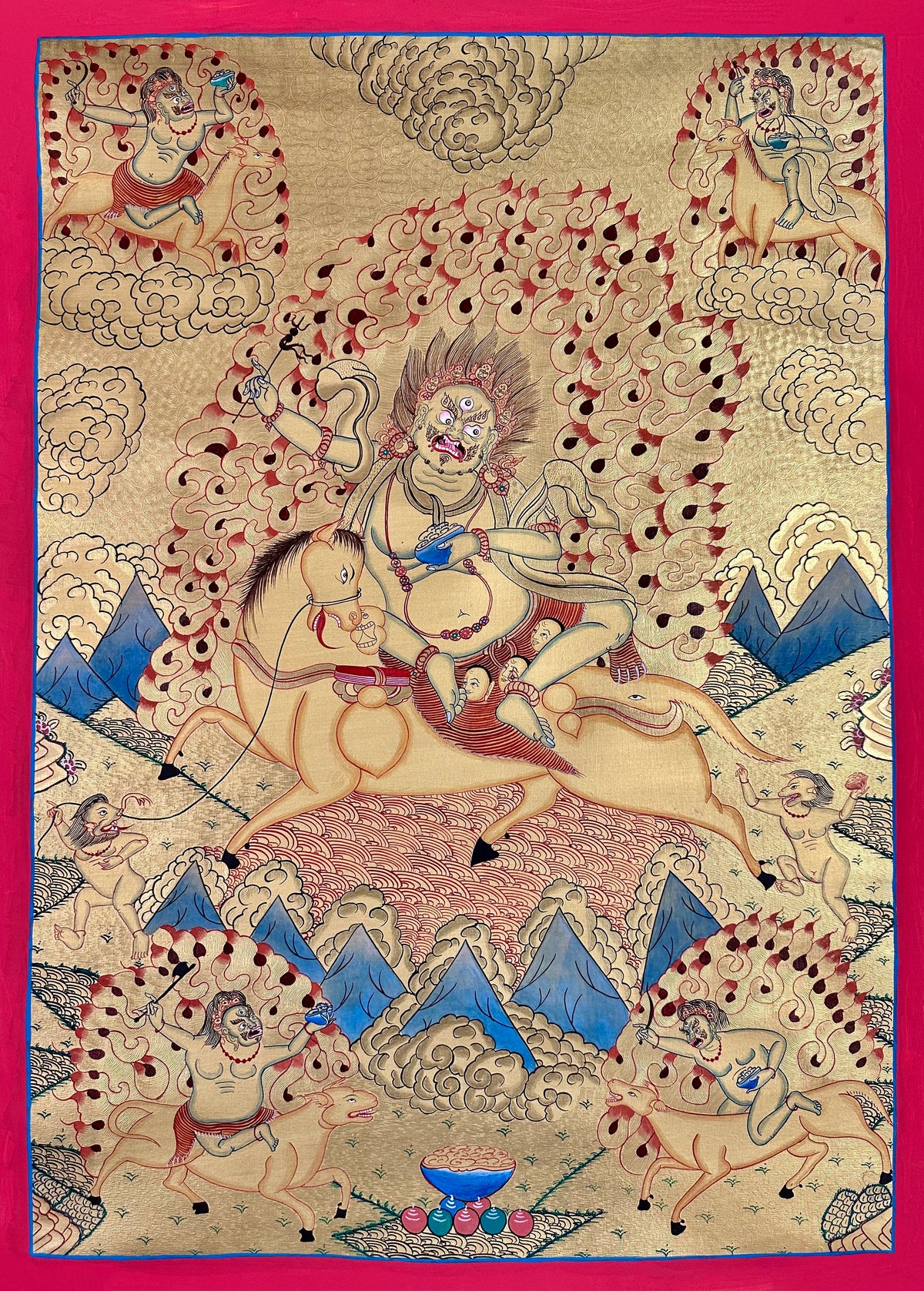 Palden Lhamo thangka, 60×83 cm: Palden Lhamo riding a mule through flames, in fine line work on a gold-coloured ground