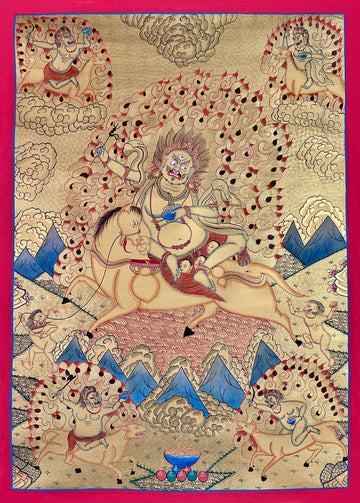 Palden Lhamo thangka, 60×83 cm: Palden Lhamo riding a mule through flames, in fine line work on a gold-coloured ground