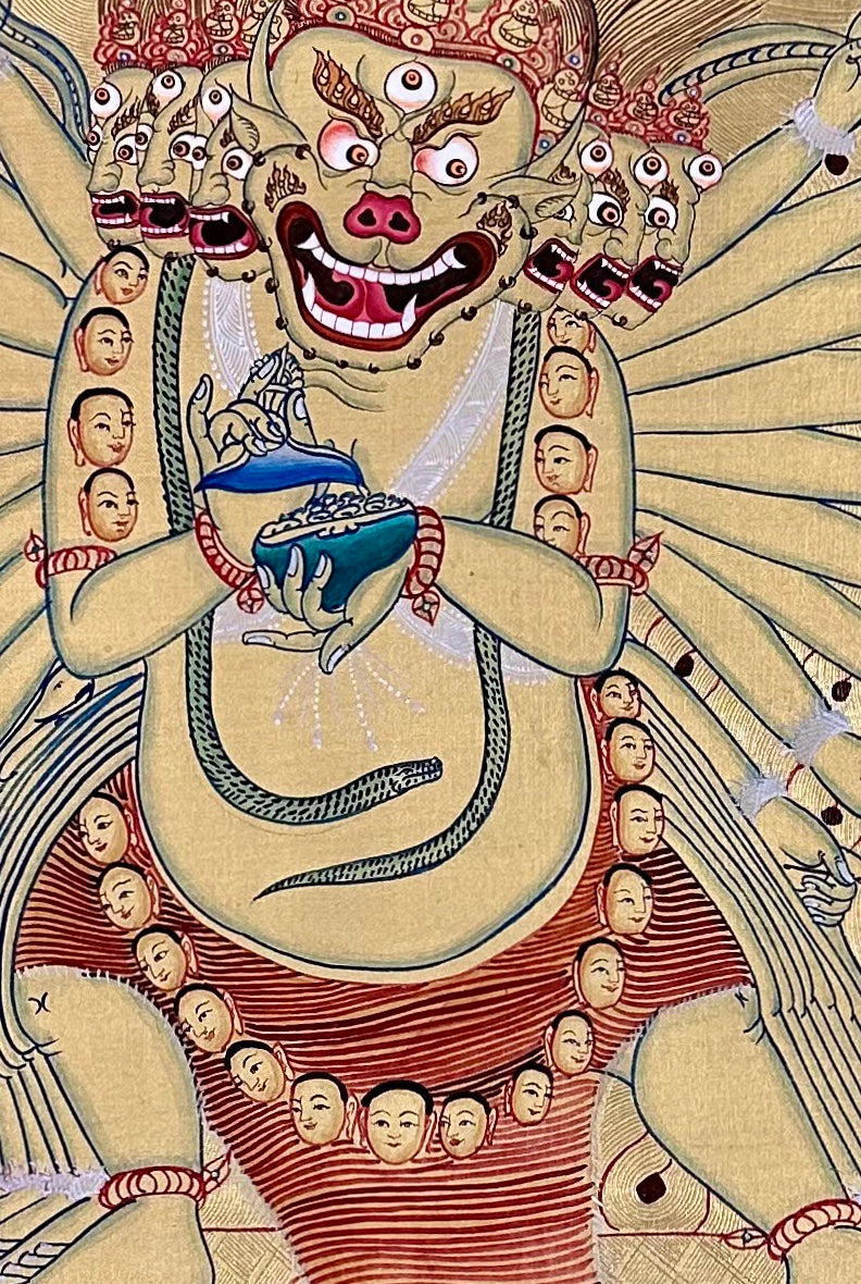 Yamantaka thangka, 60×83 cm: solitary Yamantaka with many arms and legs, in fine line work on a gold-coloured ground