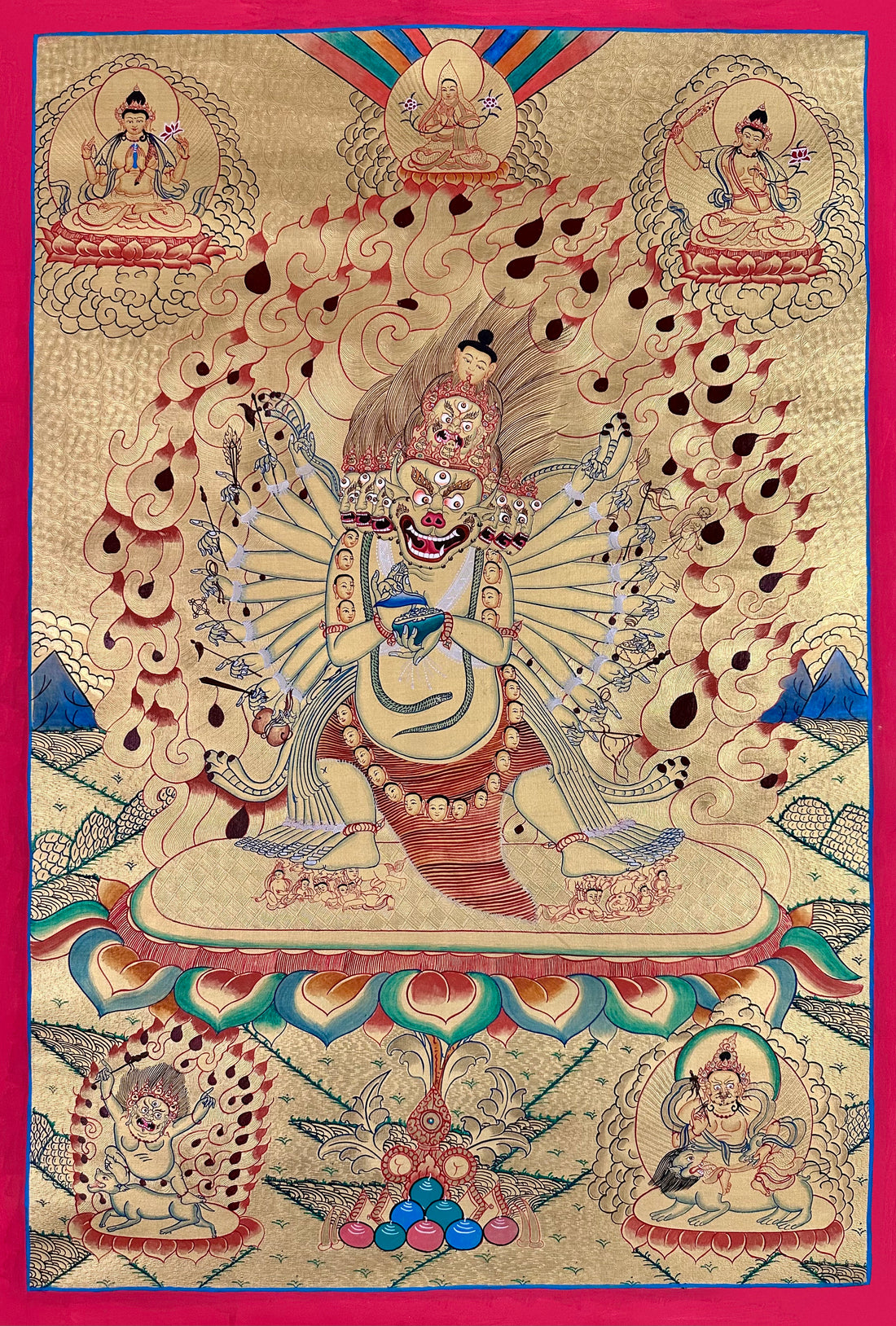 Yamantaka thangka, 60×83 cm: solitary Yamantaka with many arms and legs, in fine line work on a gold-coloured ground