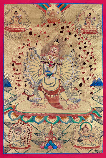 Yamantaka thangka, 60×83 cm: solitary Yamantaka with many arms and legs, in fine line work on a gold-coloured ground