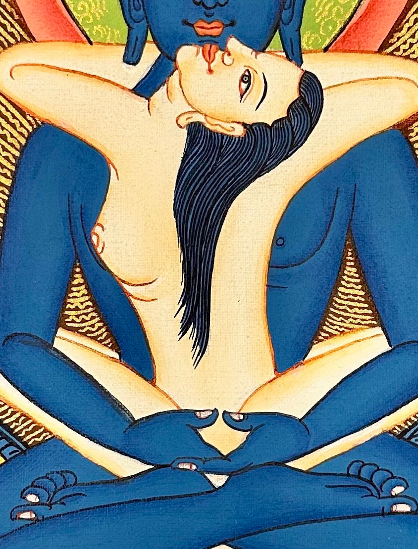 Samantabhadra (Primordial Buddha) thangka, 27×35 cm: blue Samantabhadra in union with his white consort on a lotus above blue waves