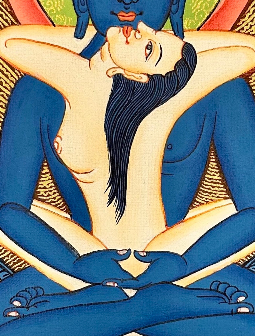 Samantabhadra (Primordial Buddha) thangka, 27×35 cm: blue Samantabhadra in union with his white consort on a lotus above blue waves