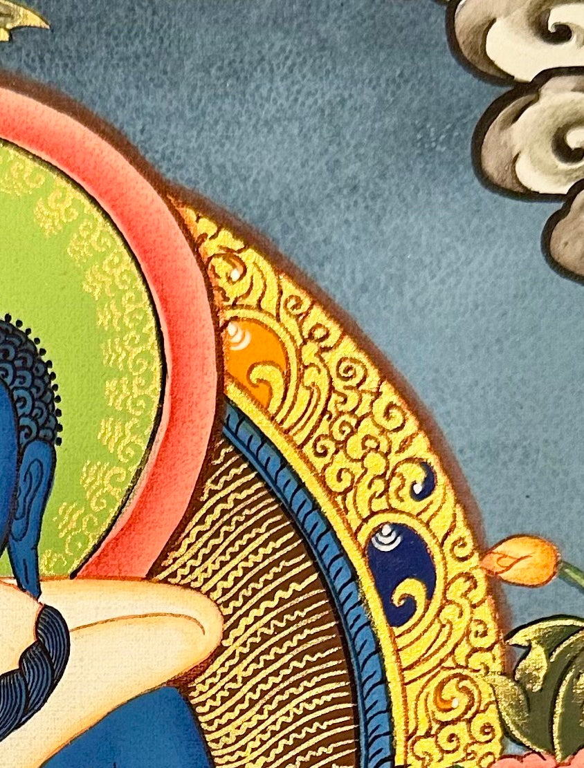 Samantabhadra (Primordial Buddha) thangka, detail: top-right corner
