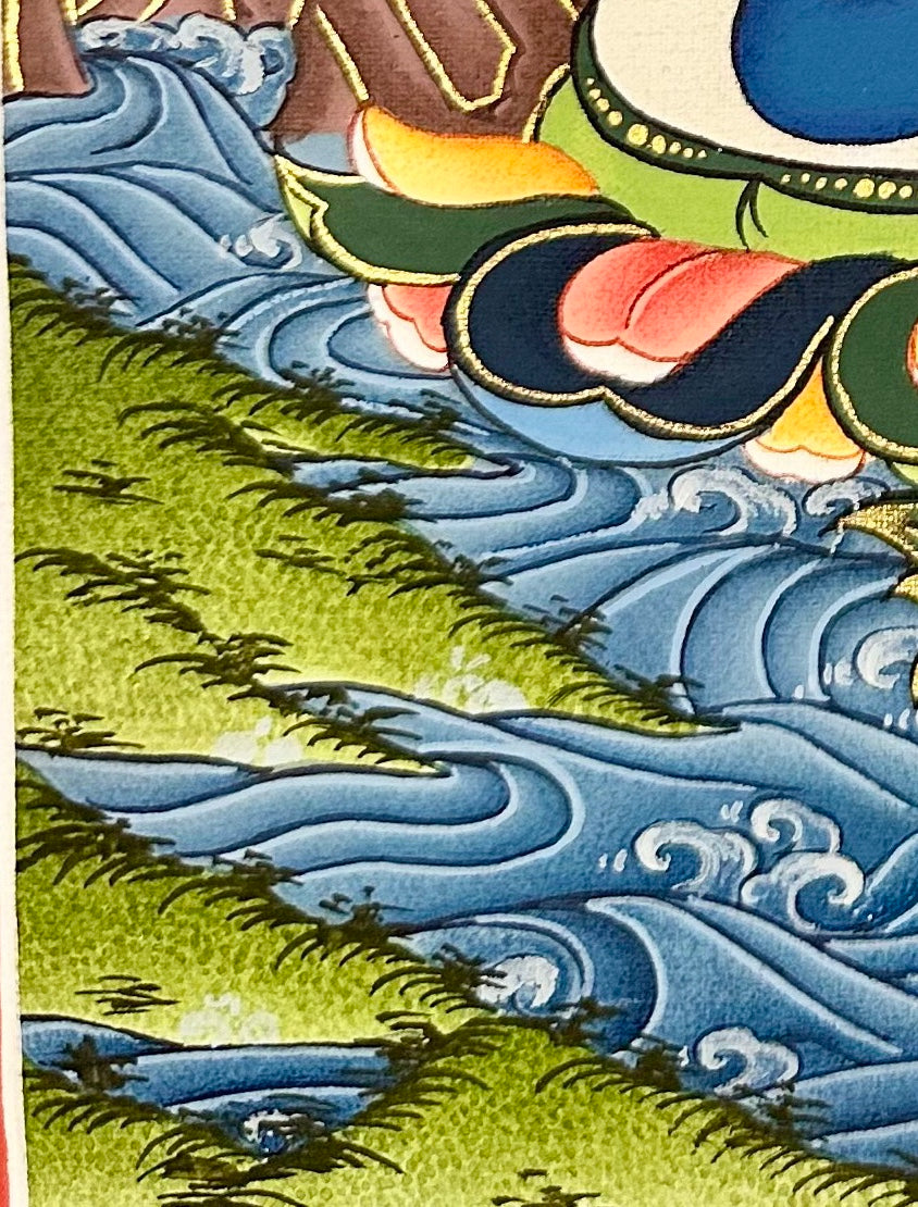Samantabhadra (Primordial Buddha) thangka, detail: bottom-left corner
