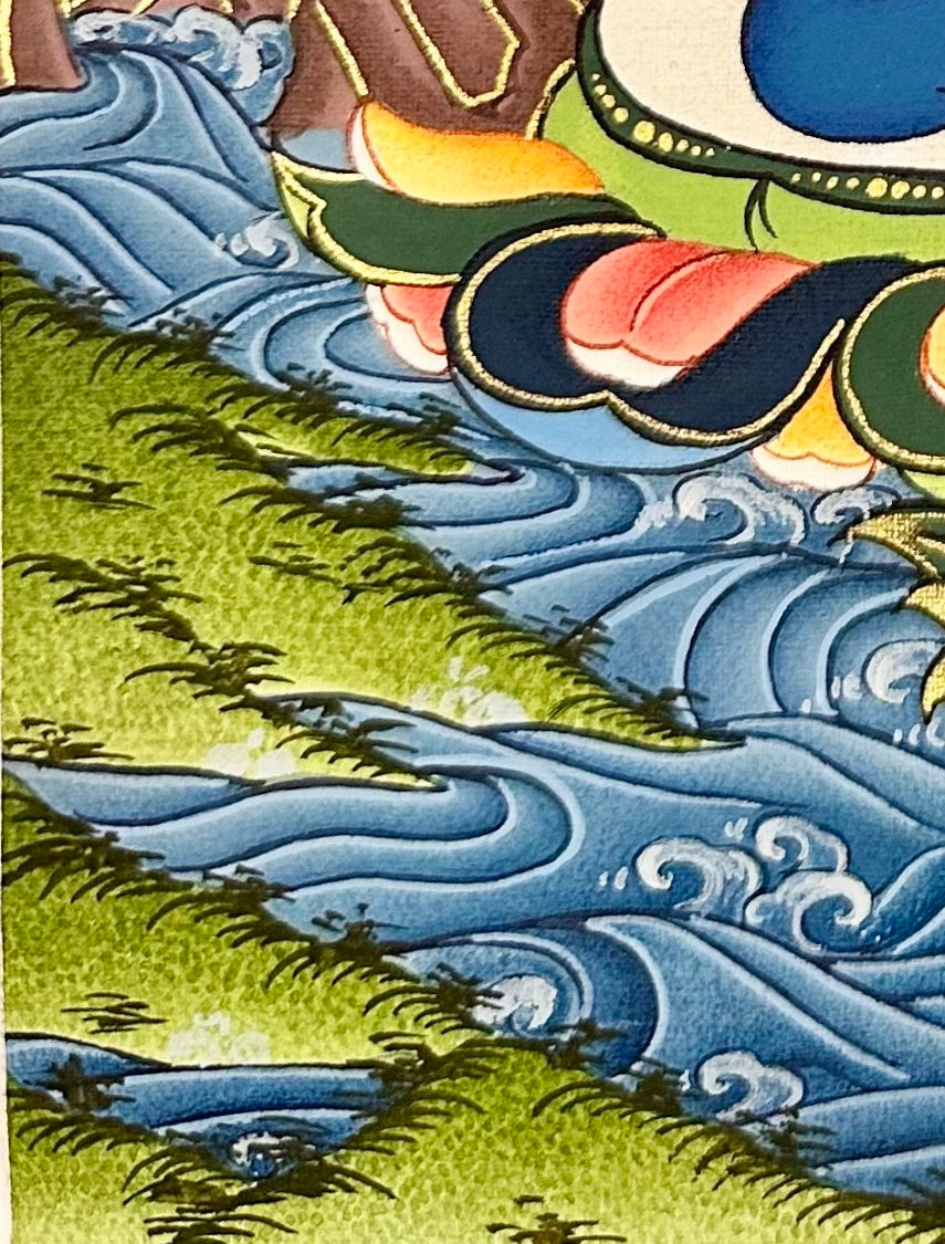 Samantabhadra (Primordial Buddha) thangka, detail: bottom-left corner