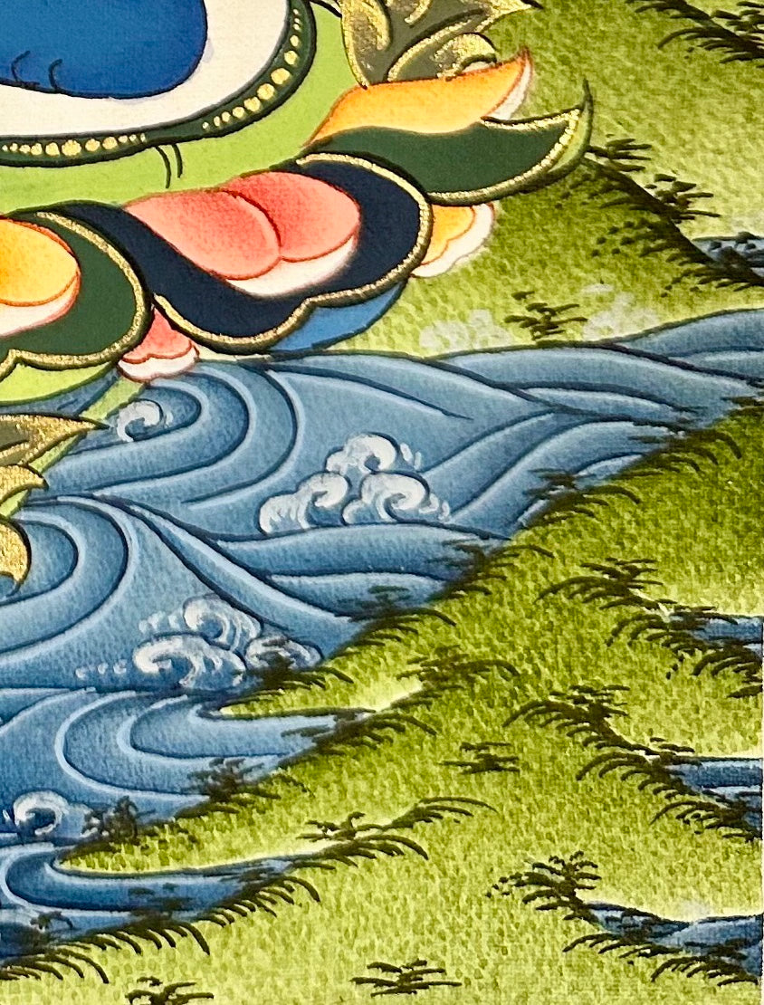 Samantabhadra (Primordial Buddha) thangka, detail: bottom-right corner
