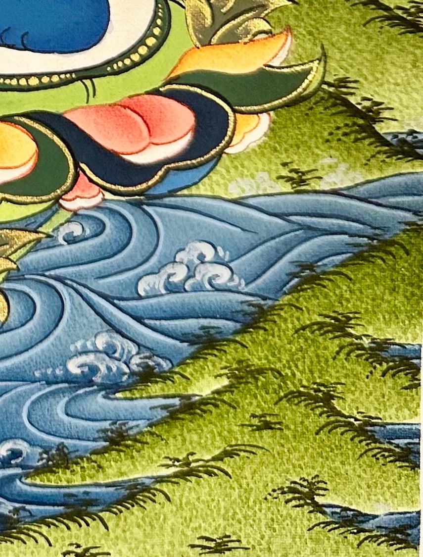 Samantabhadra (Primordial Buddha) thangka, detail: bottom-right corner
