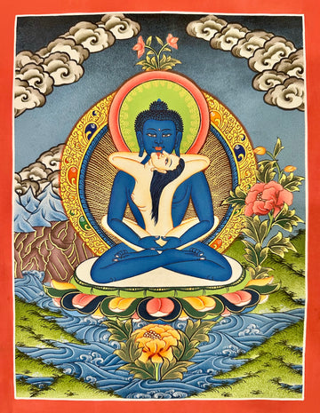 Samantabhadra (Primordial Buddha) thangka, 27×35 cm: blue Samantabhadra in union with his white consort on a lotus above blue waves