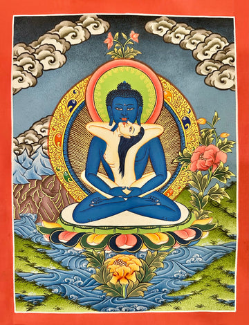 Samantabhadra (Primordial Buddha) thangka, 27×35 cm: blue Samantabhadra in union with his white consort on a lotus above blue waves