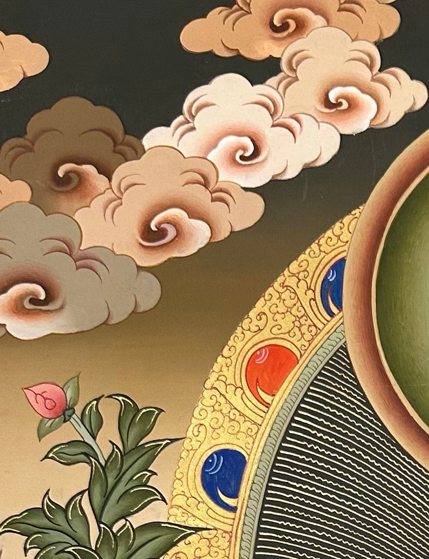White Tara thangka, detail: top-left corner
