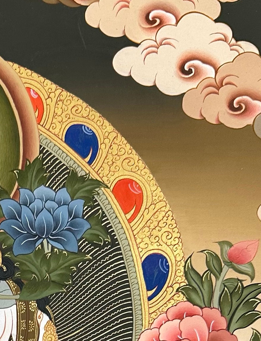 White Tara thangka, detail: top-right corner
