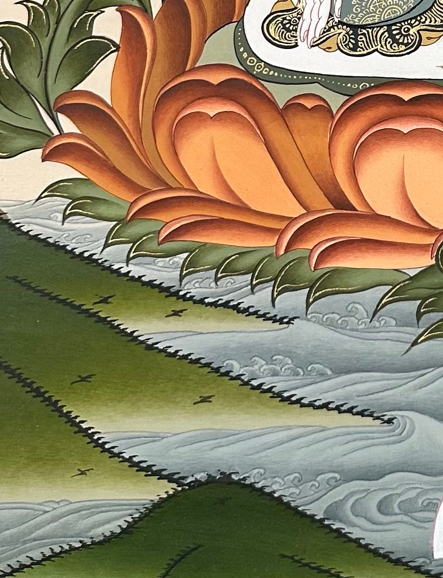 White Tara thangka, detail: bottom-left corner