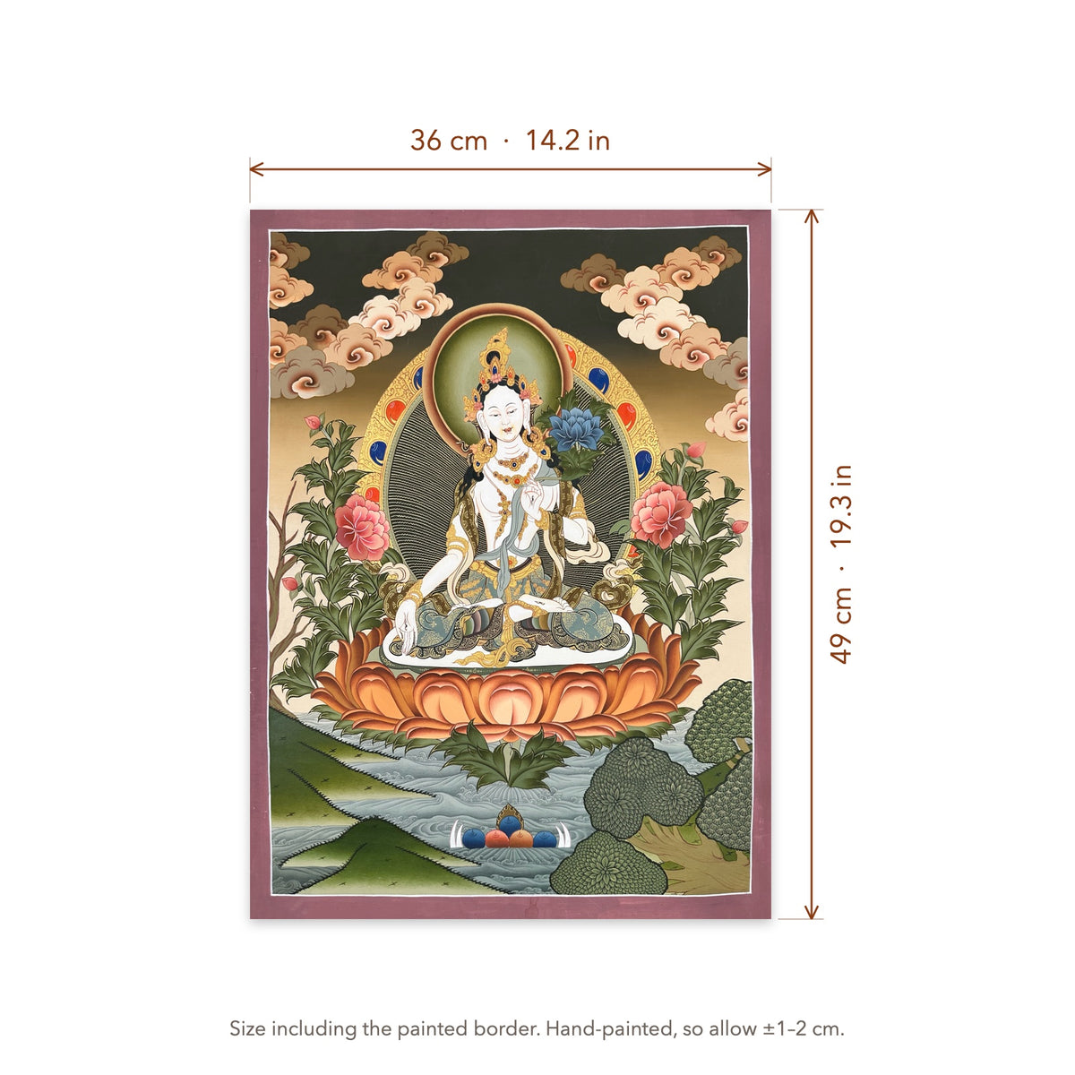Size diagram: 36 × 49 cm (14.2 × 19.3 in), including the painted border