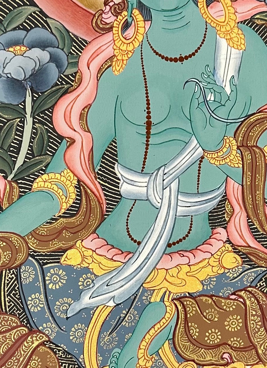 Green Tara thangka, detail: centre