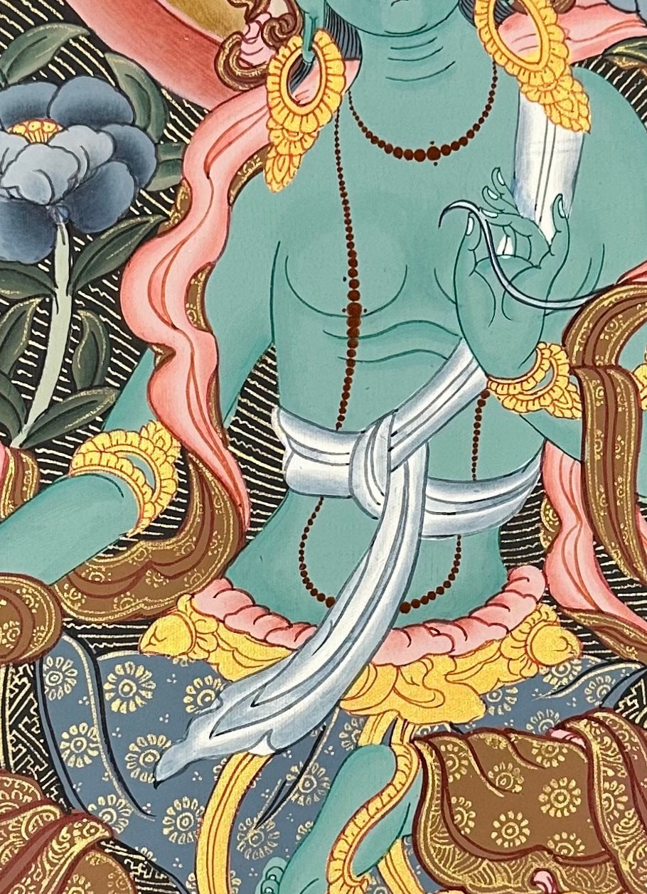 Green Tara thangka, detail: centre