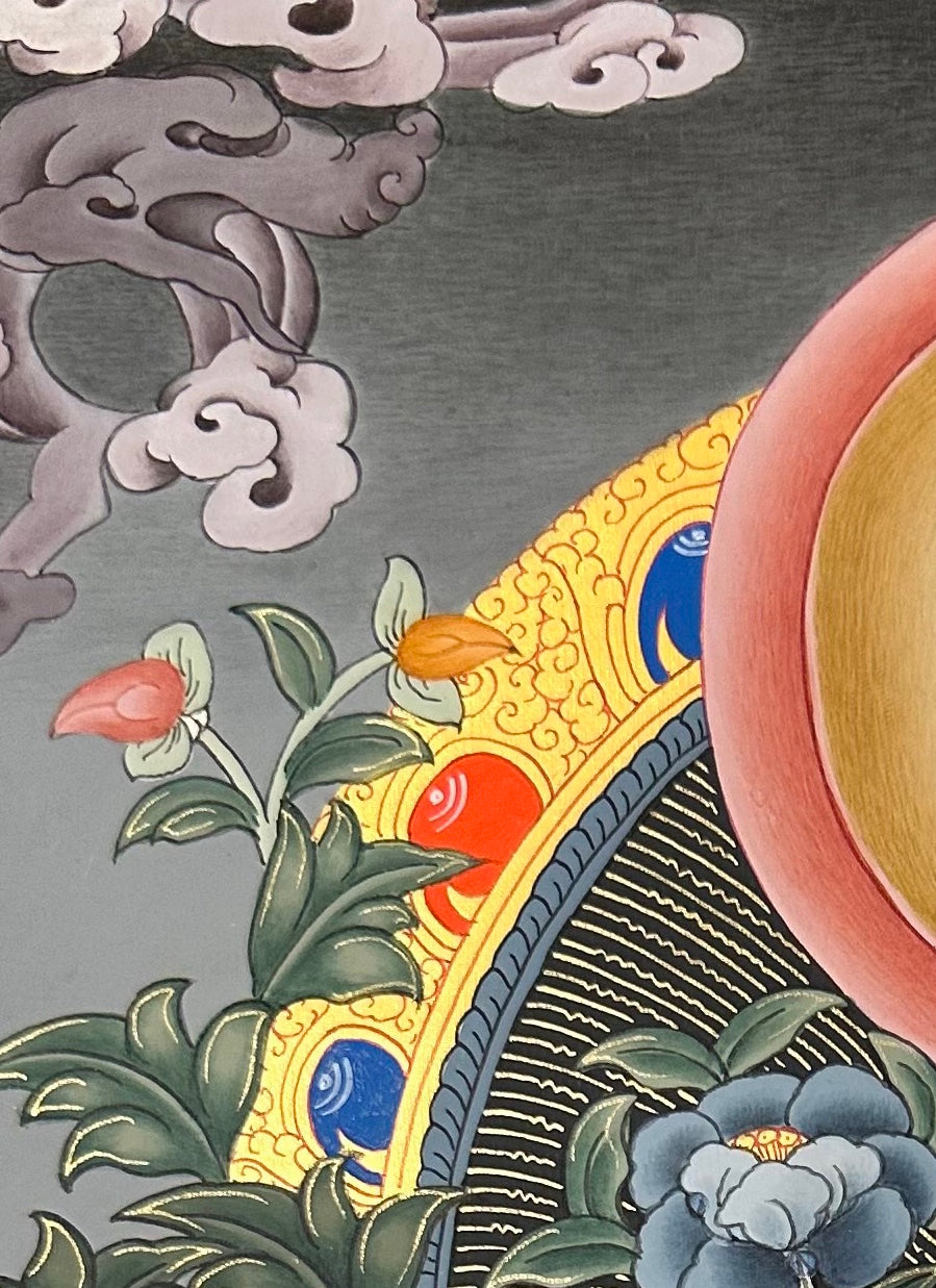Green Tara thangka, detail: top-left corner