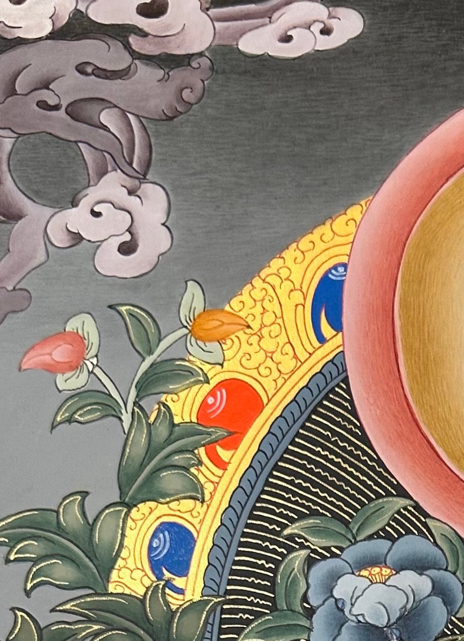 Green Tara thangka, detail: top-left corner