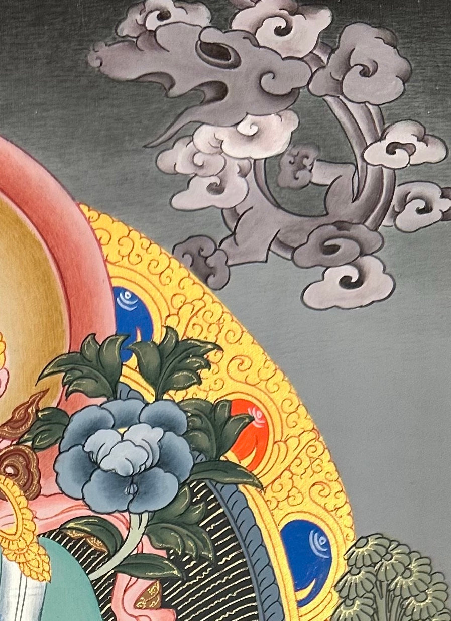 Green Tara thangka, detail: top-right corner