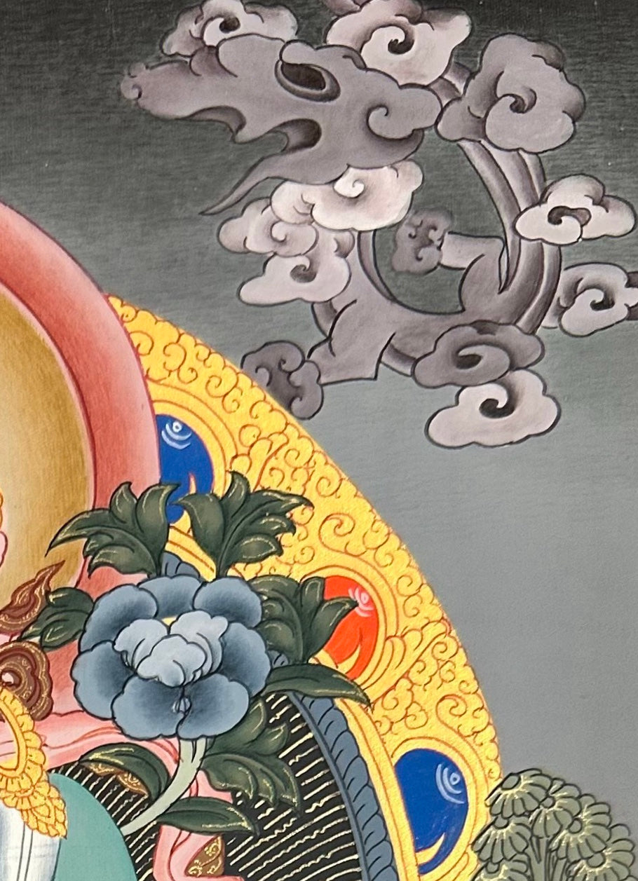 Green Tara thangka, detail: top-right corner