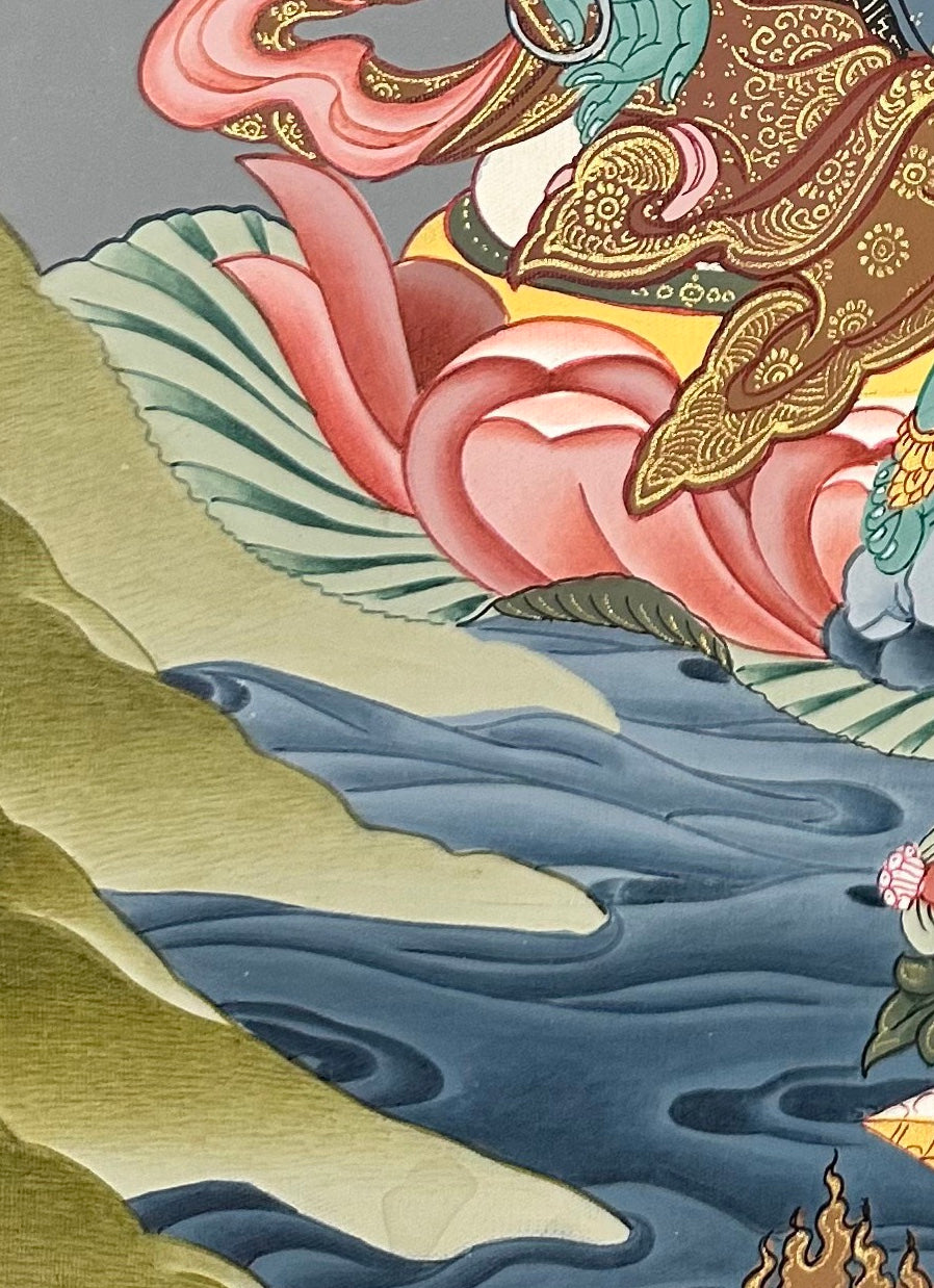 Green Tara thangka, detail: bottom-left corner