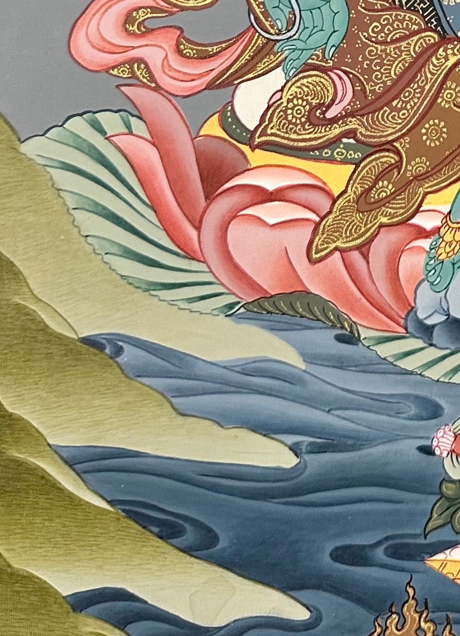 Green Tara thangka, detail: bottom-left corner