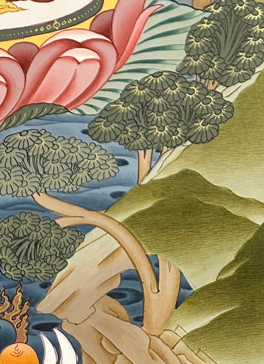 Green Tara thangka, detail: bottom-right corner