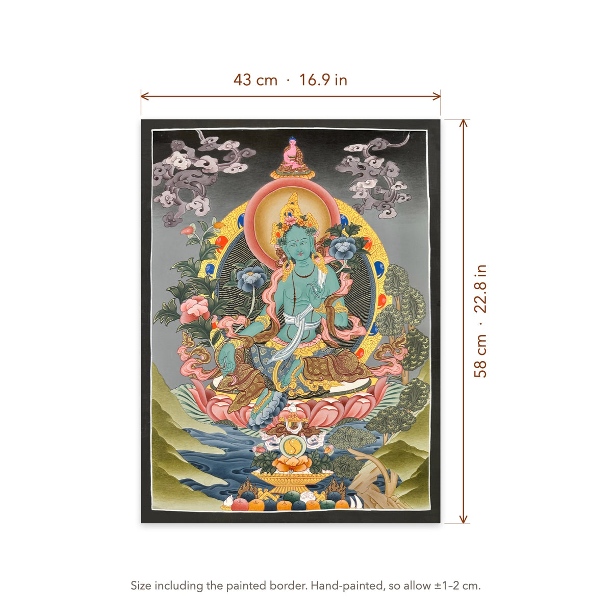 Size diagram: 43 × 58 cm (16.9 × 22.8 in), including the painted border