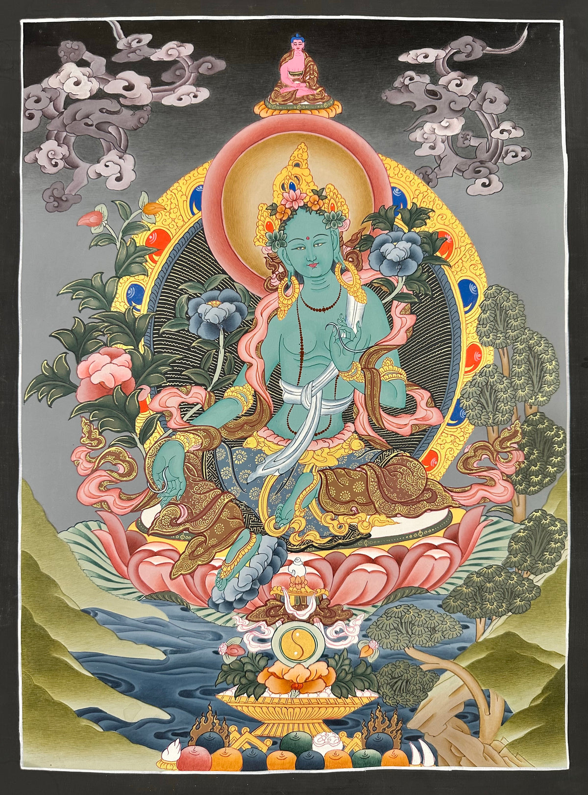 Green Tara thangka, 43×58 cm: Green Tara on a pink lotus with Amitabha above, on a soft grey ground
