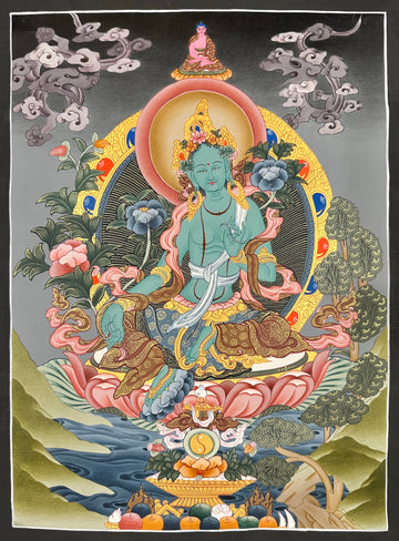 Green Tara thangka, 43×58 cm: Green Tara on a pink lotus with Amitabha above, on a soft grey ground