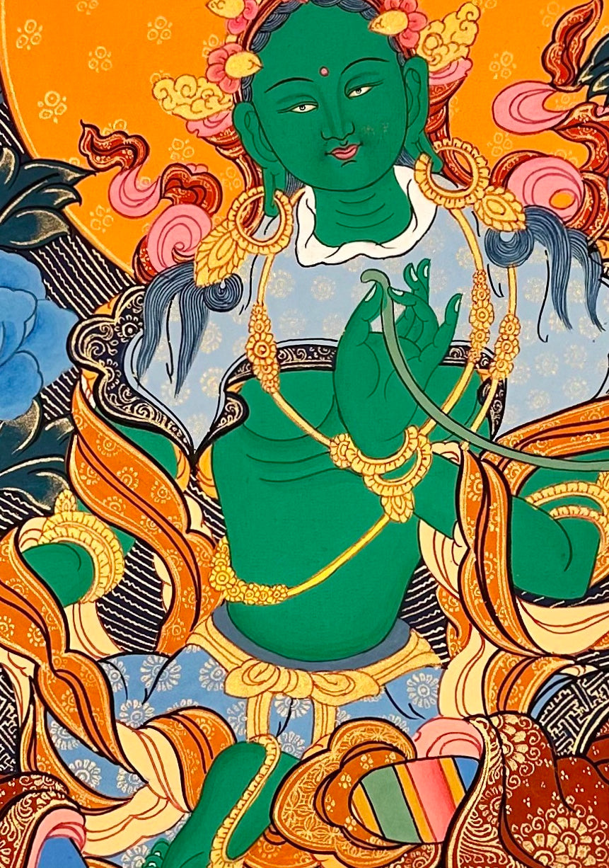 Green Tara thangka, detail: centre