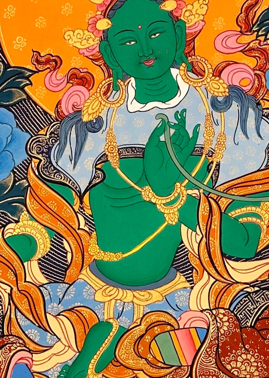 Green Tara thangka, 45×58 cm: Green Tara with Padmasambhava, Shakyamuni and Tsongkhapa above and Amitayus and Namgyalma below