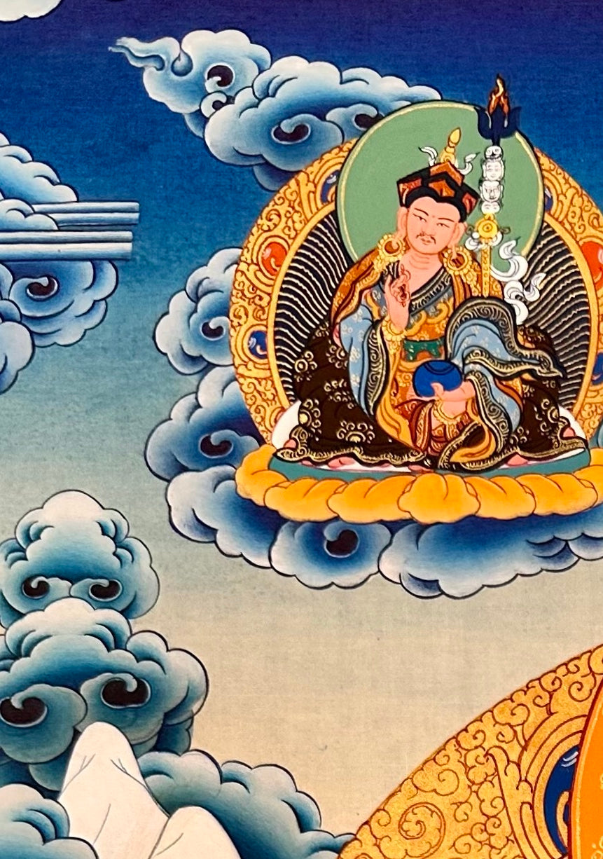 Green Tara thangka, detail: top-left corner