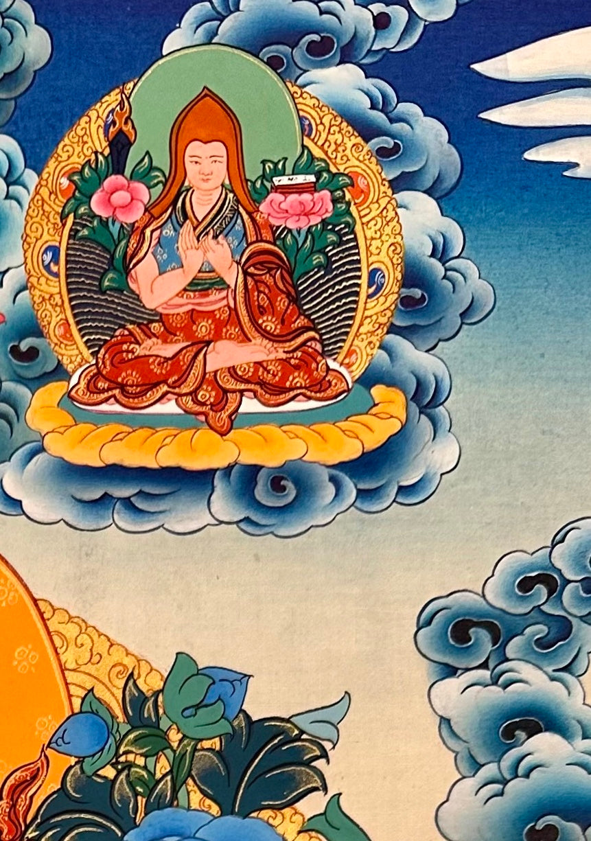 Green Tara thangka, detail: top-right corner