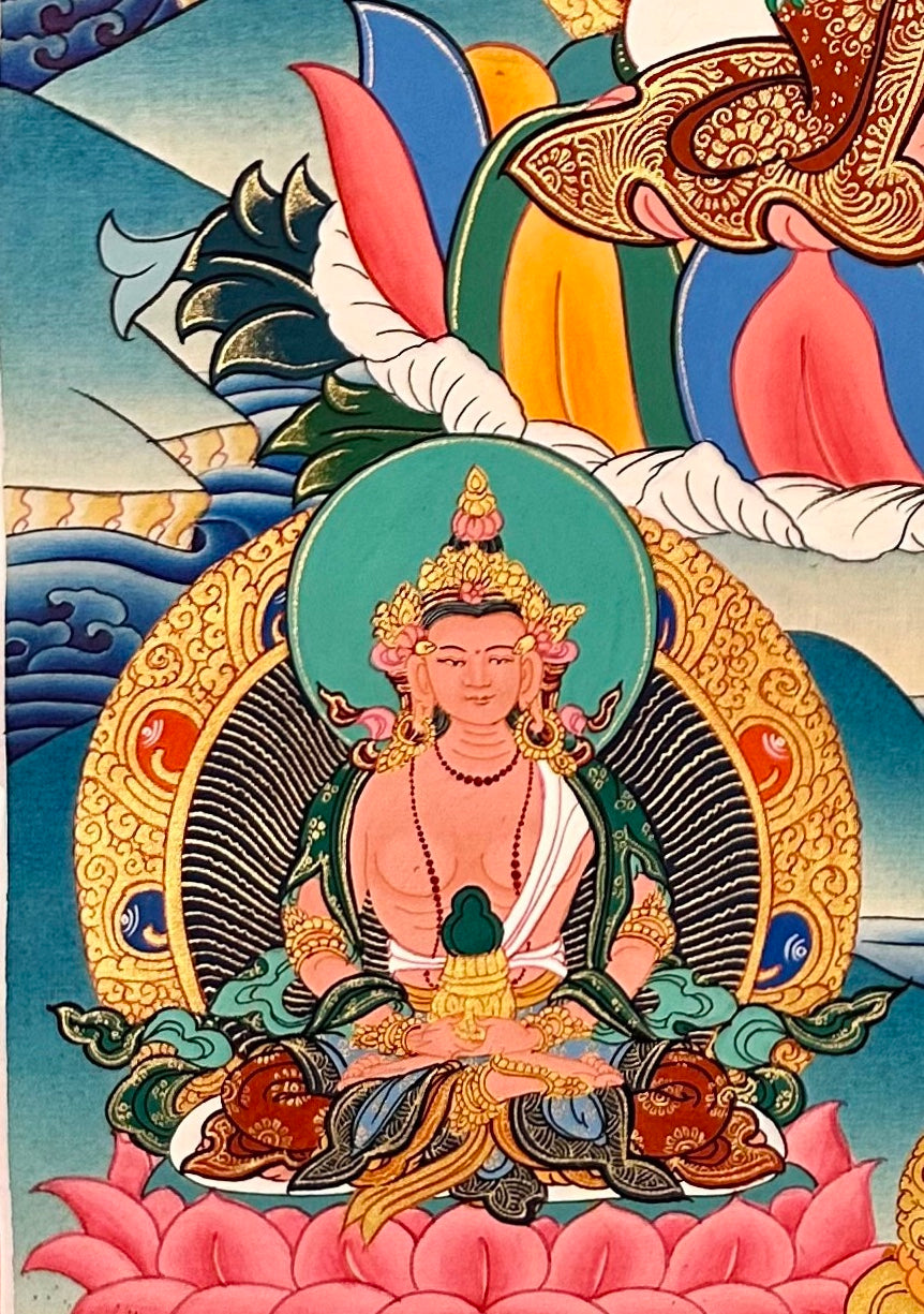 Green Tara thangka, detail: bottom-left corner