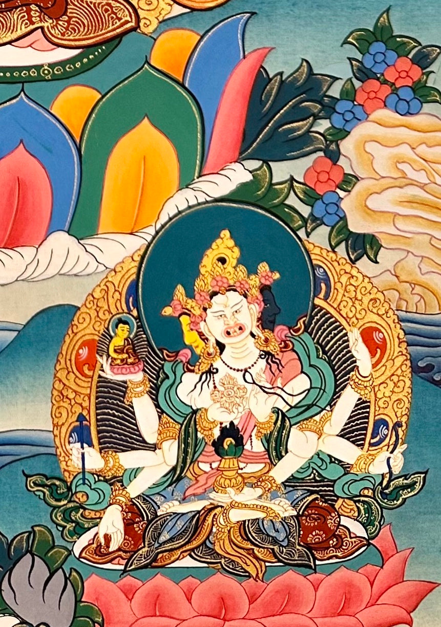 Green Tara thangka, detail: bottom-right corner