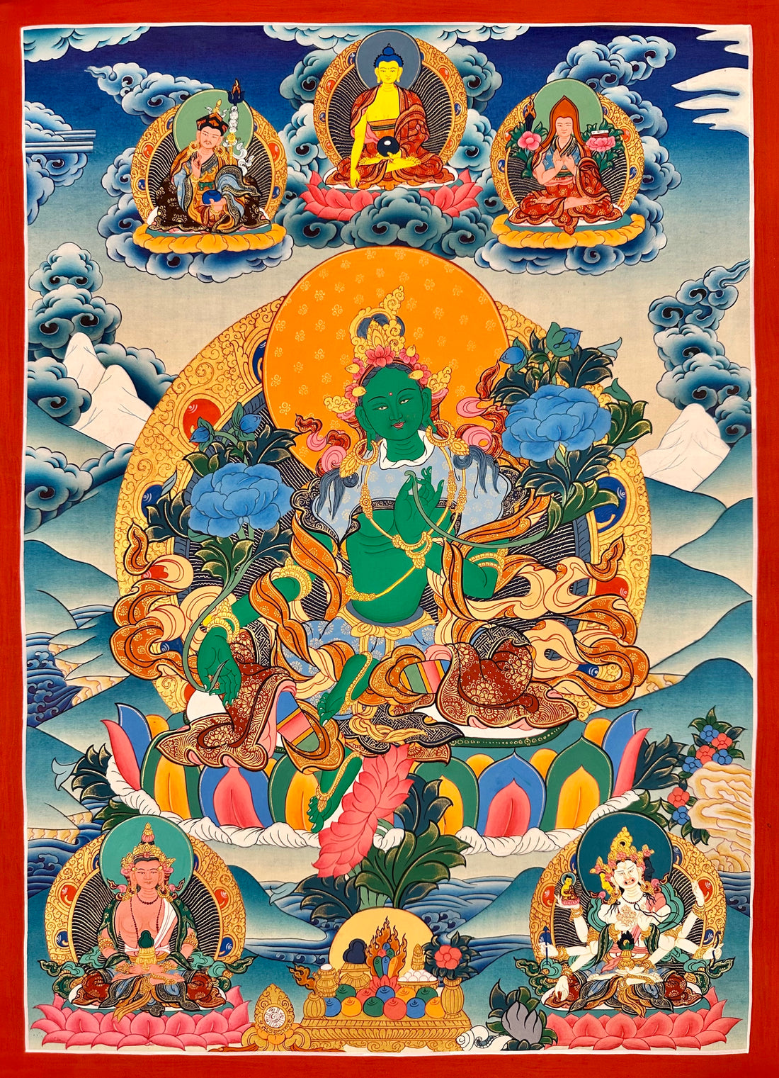 Green Tara thangka, 45×58 cm: Green Tara with Padmasambhava, Shakyamuni and Tsongkhapa above and Amitayus and Namgyalma below
