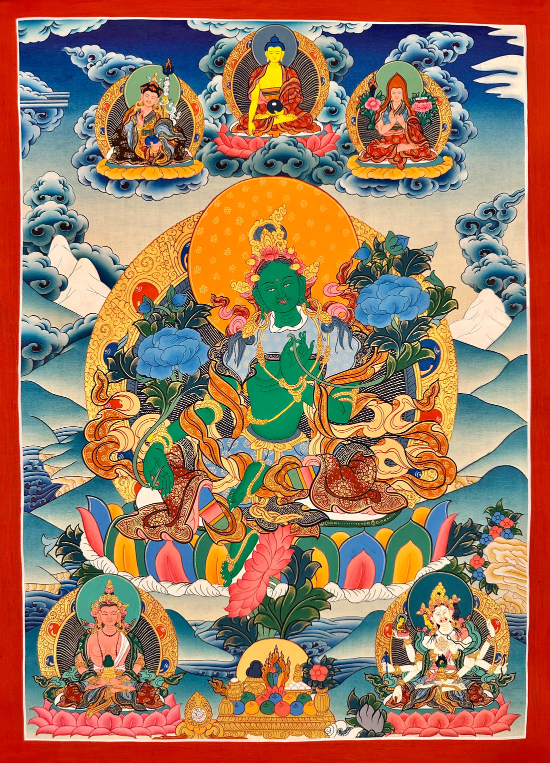 Green Tara thangka, 45×58 cm: Green Tara with Padmasambhava, Shakyamuni and Tsongkhapa above and Amitayus and Namgyalma below