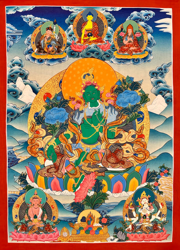 Green Tara thangka, 45×58 cm: Green Tara with Padmasambhava, Shakyamuni and Tsongkhapa above and Amitayus and Namgyalma below