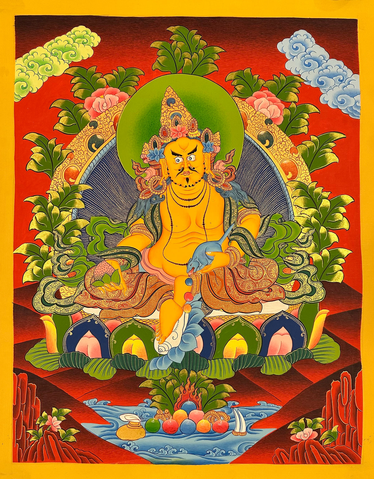 Jambhala thangka, 52×66 cm: Yellow Jambhala with a jewel-spitting mongoose on a deep red ground