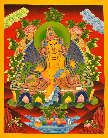 Jambhala thangka, 52×66 cm: Yellow Jambhala with a jewel-spitting mongoose on a deep red ground