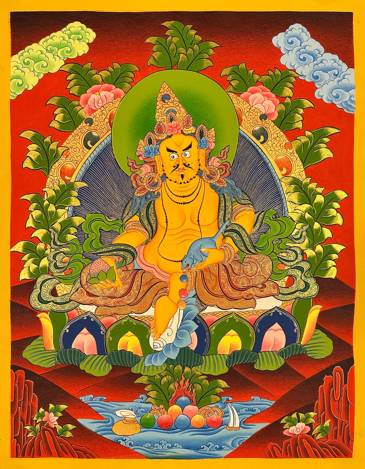 Jambhala thangka, 52×66 cm: Yellow Jambhala with a jewel-spitting mongoose on a deep red ground
