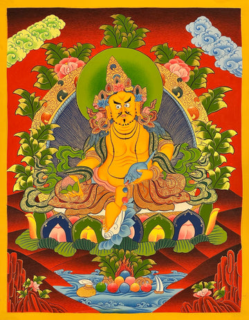 Jambhala thangka, 52×66 cm: Yellow Jambhala with a jewel-spitting mongoose on a deep red ground