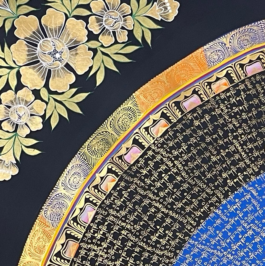 Mantra Mandala thangka, detail: top-left corner