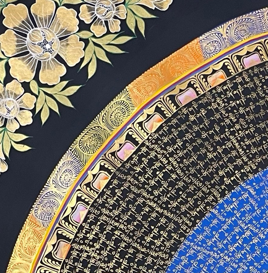 Mantra Mandala thangka, detail: top-left corner