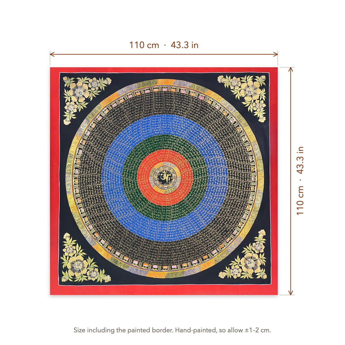 Size diagram: 110 × 110 cm (43.3 × 43.3 in), including the painted border