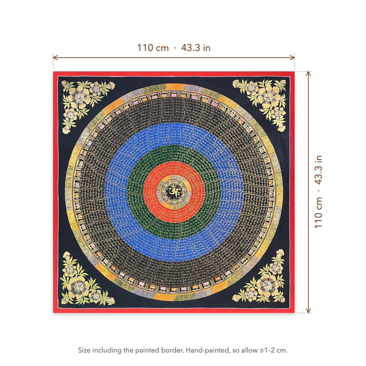 Size diagram: 110 × 110 cm (43.3 × 43.3 in), including the painted border