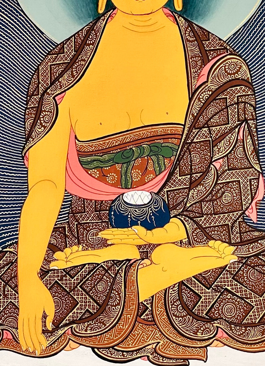 Shakyamuni Buddha thangka, 54×76 cm: Shakyamuni among peonies on deep blue, with Amitabha and Medicine Buddha above and two disciples below